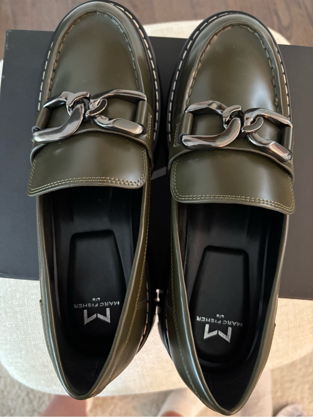 Marc Fisher Olive Green Leather Loafers with Gunmetal Chain
